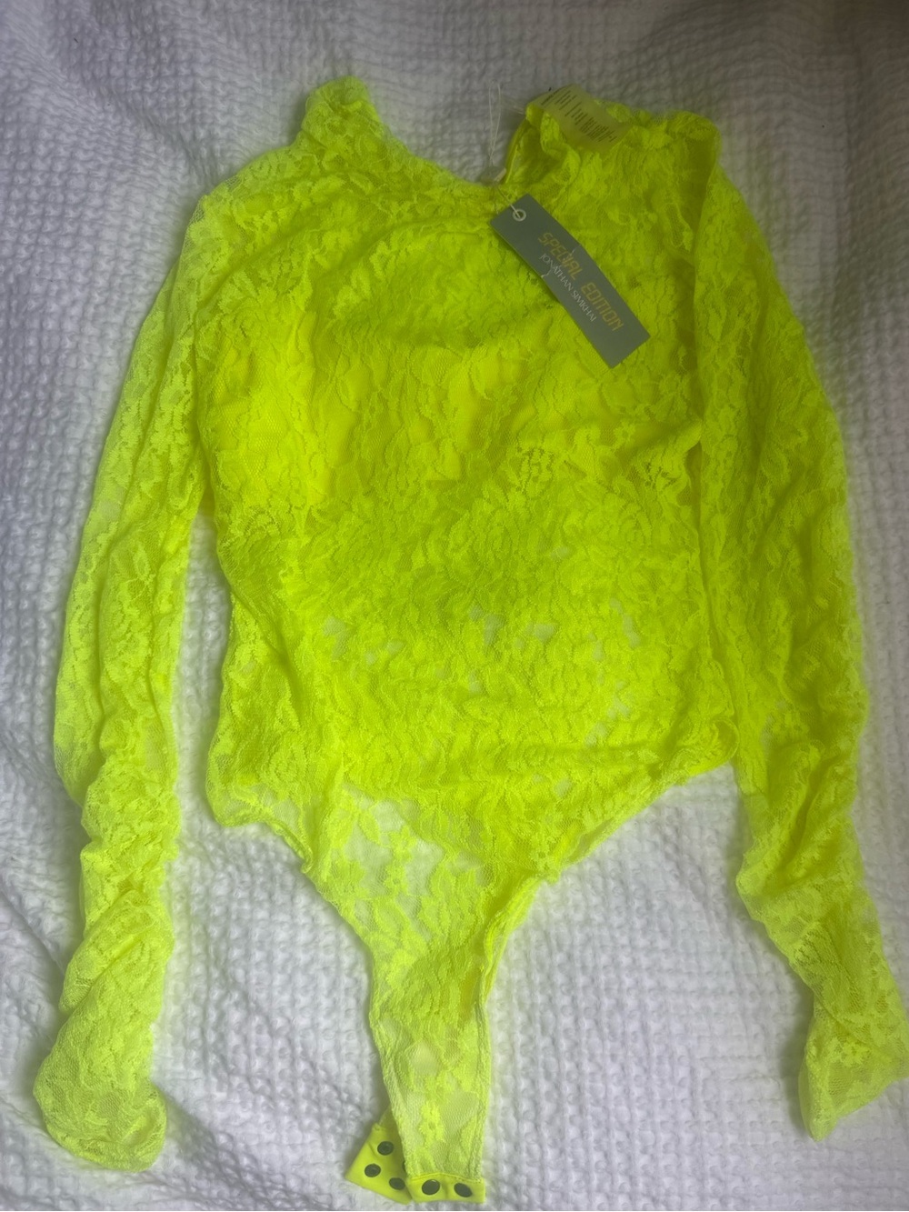 Jonathan Simkhai x Revolve Neon Yellow Lace Long Sleeve Bodysuit size Large - Picture 7 of 11